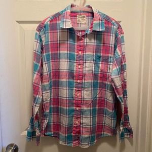 American Eagle Boyfriend Fit Pink and Turquoise Plaid Button Down - Medium